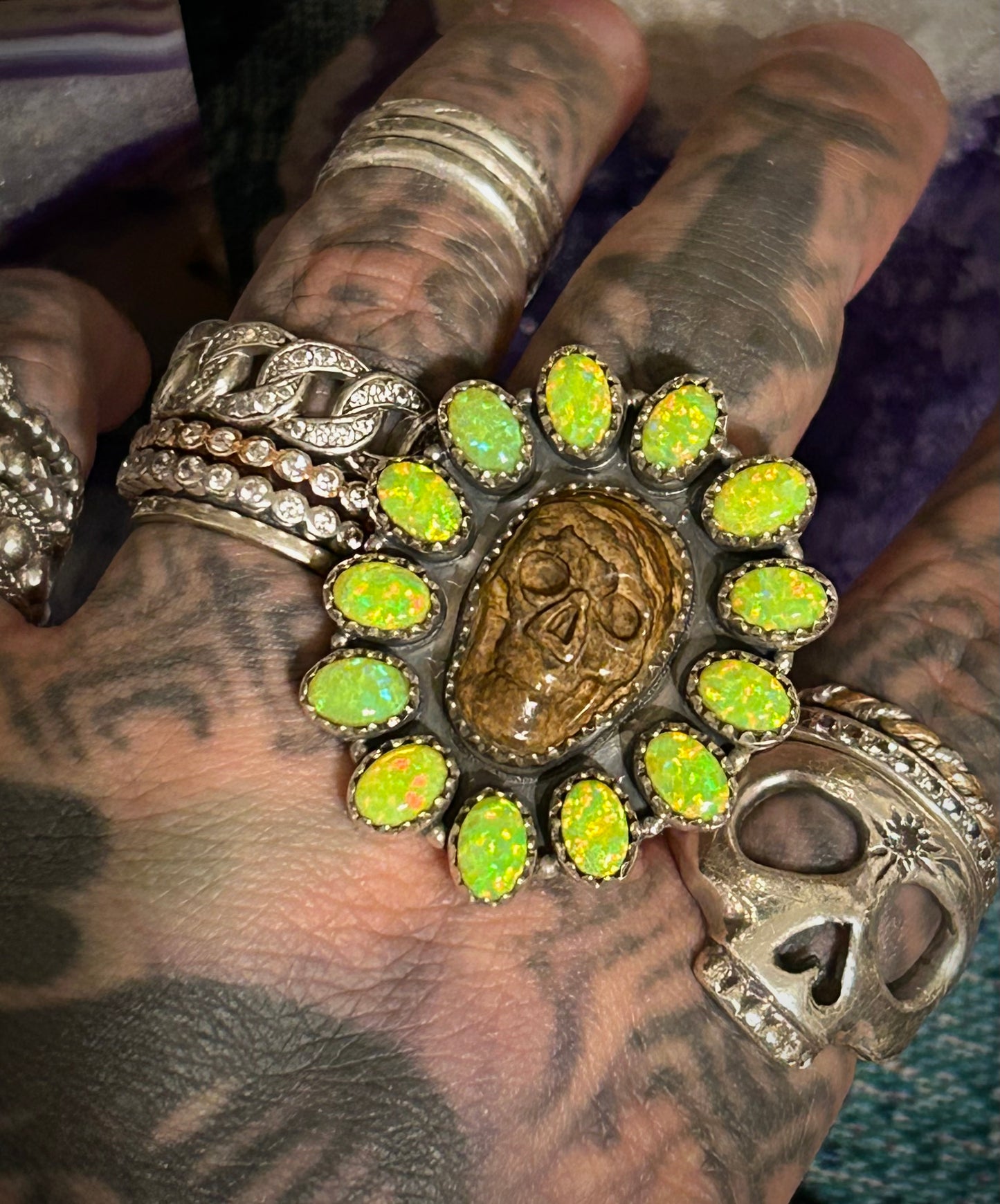 Sterling Silver Carved Jasper Skull With Green Opal Large Ring Adjustable