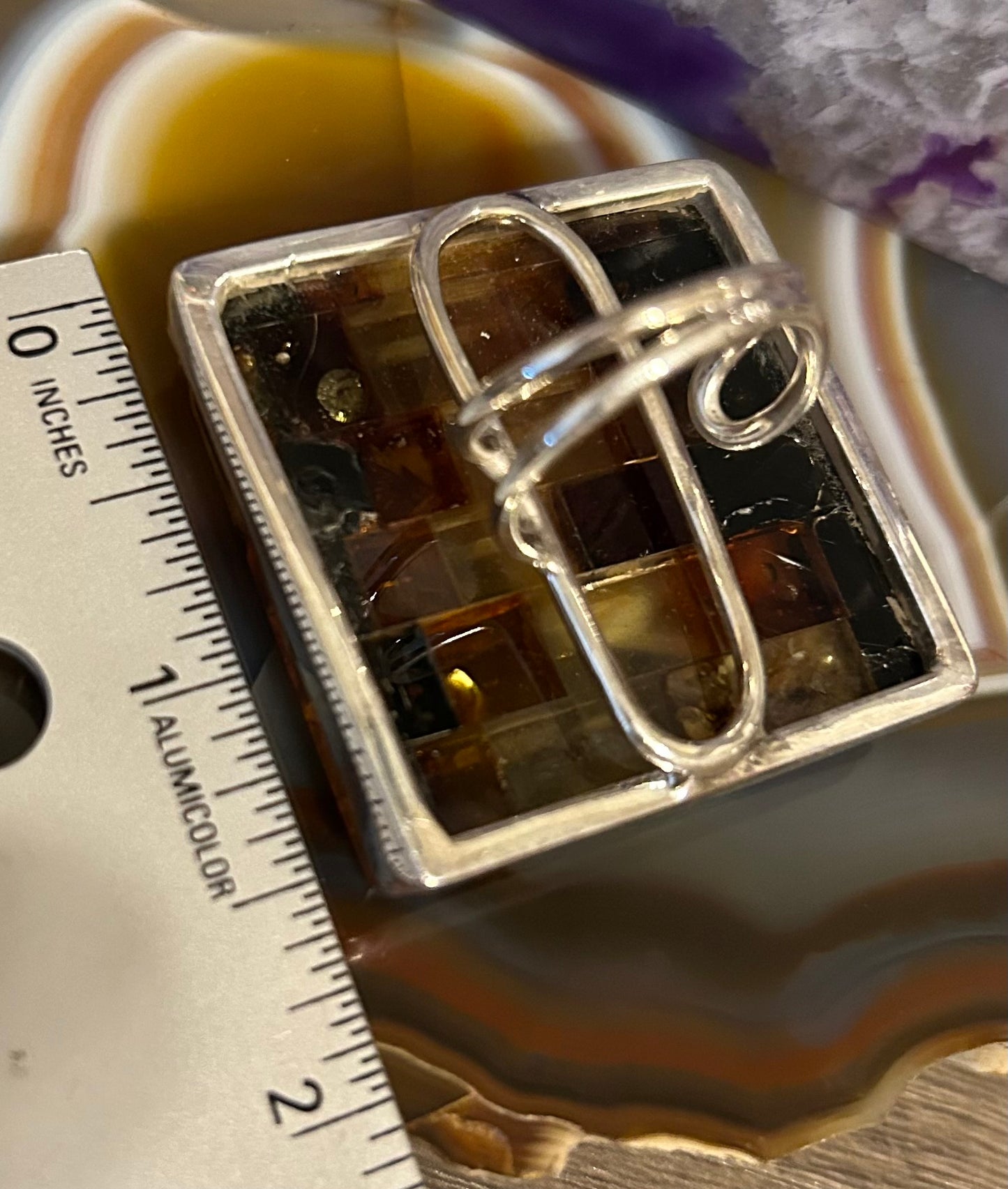 Sterling Silver & Genuine Amber Square Statement Ring • Adjustable