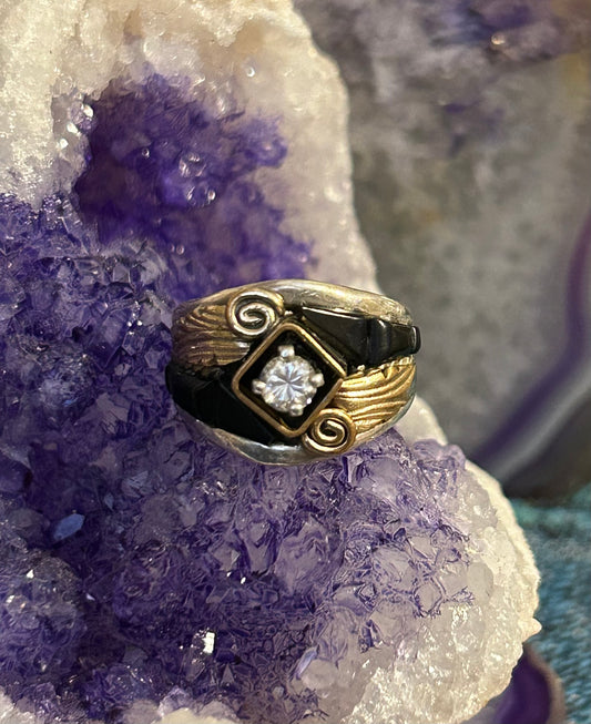 Sterling Silver S Ray Navajo Black Onyx & CZ Ring Size 4.25