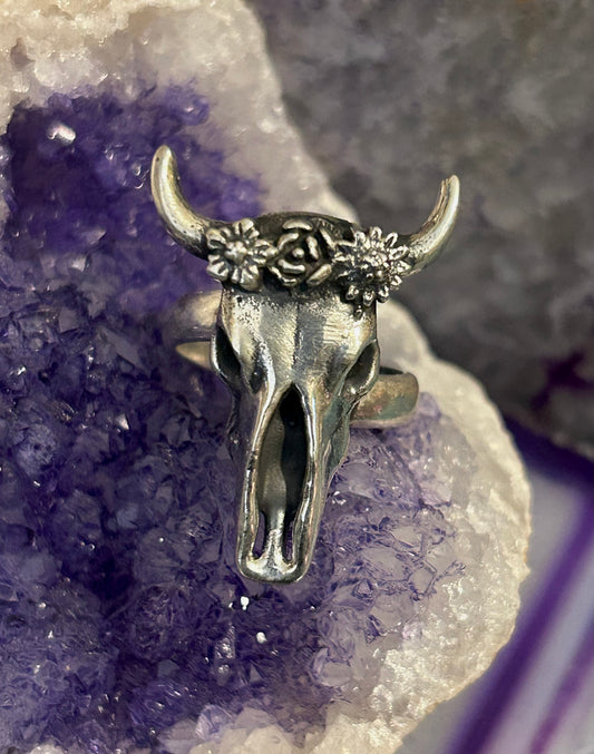 Sterling Silver Modern Taxco Bull/Cow Skull w/ Flower Crown Ring