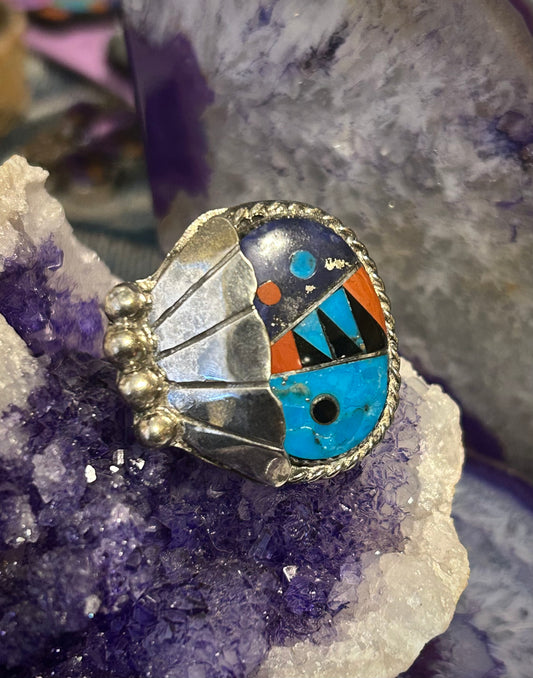 Vintage Sterling Silver Multi-stone Inlay Large Ring Size 9.5