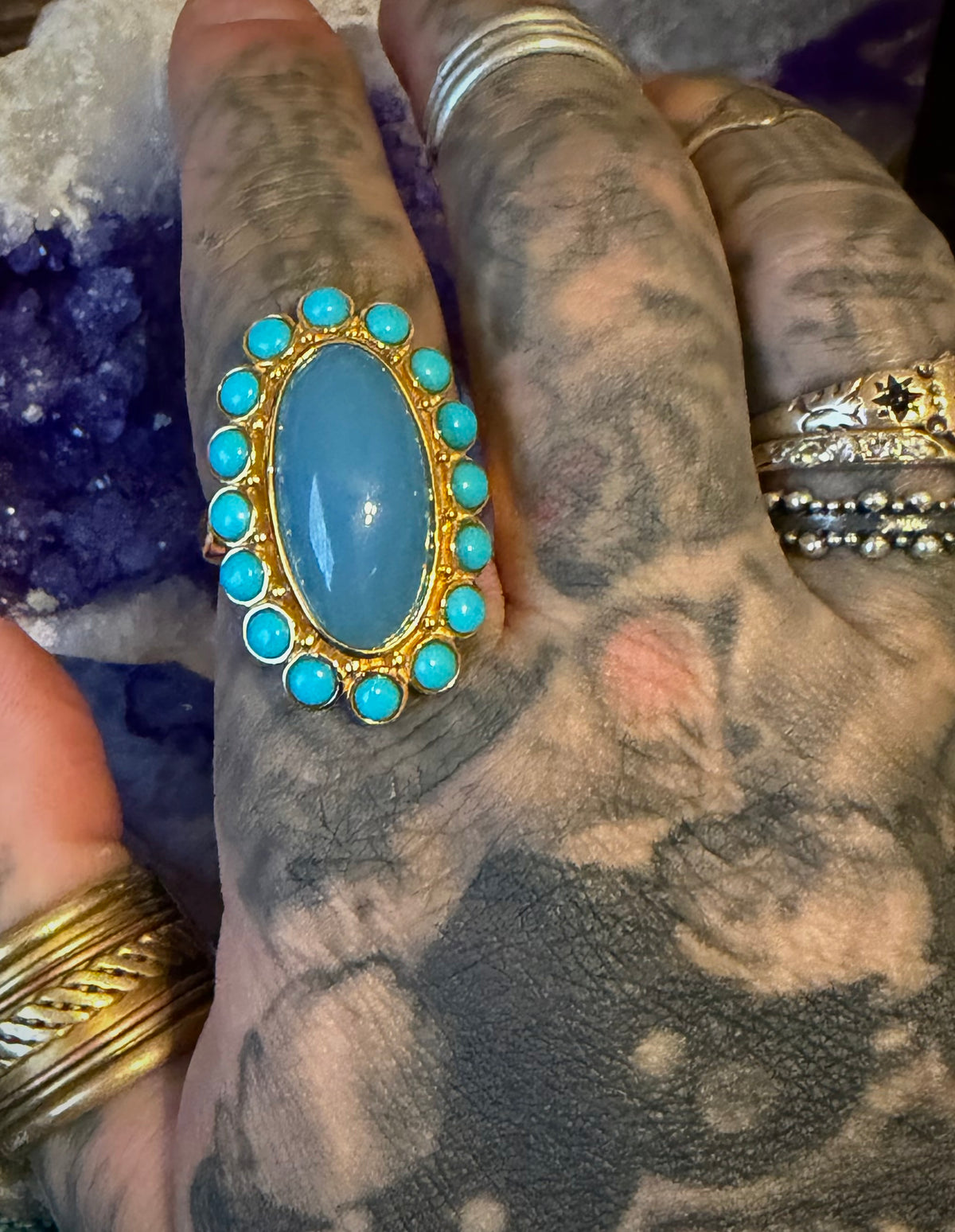 Gold Over Sterling Silver Blue Calcedony & Sonora turquoise Ring Size 7.5