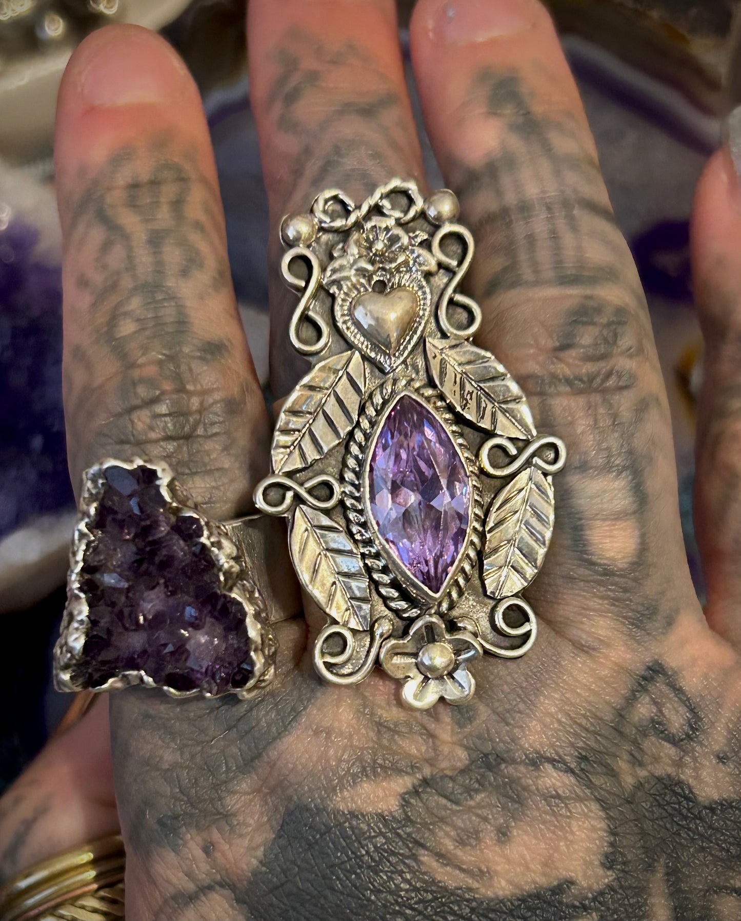 Sterling Silver Taxco Mexico Amethyst w/ Heart And Flower Adjustable Ring