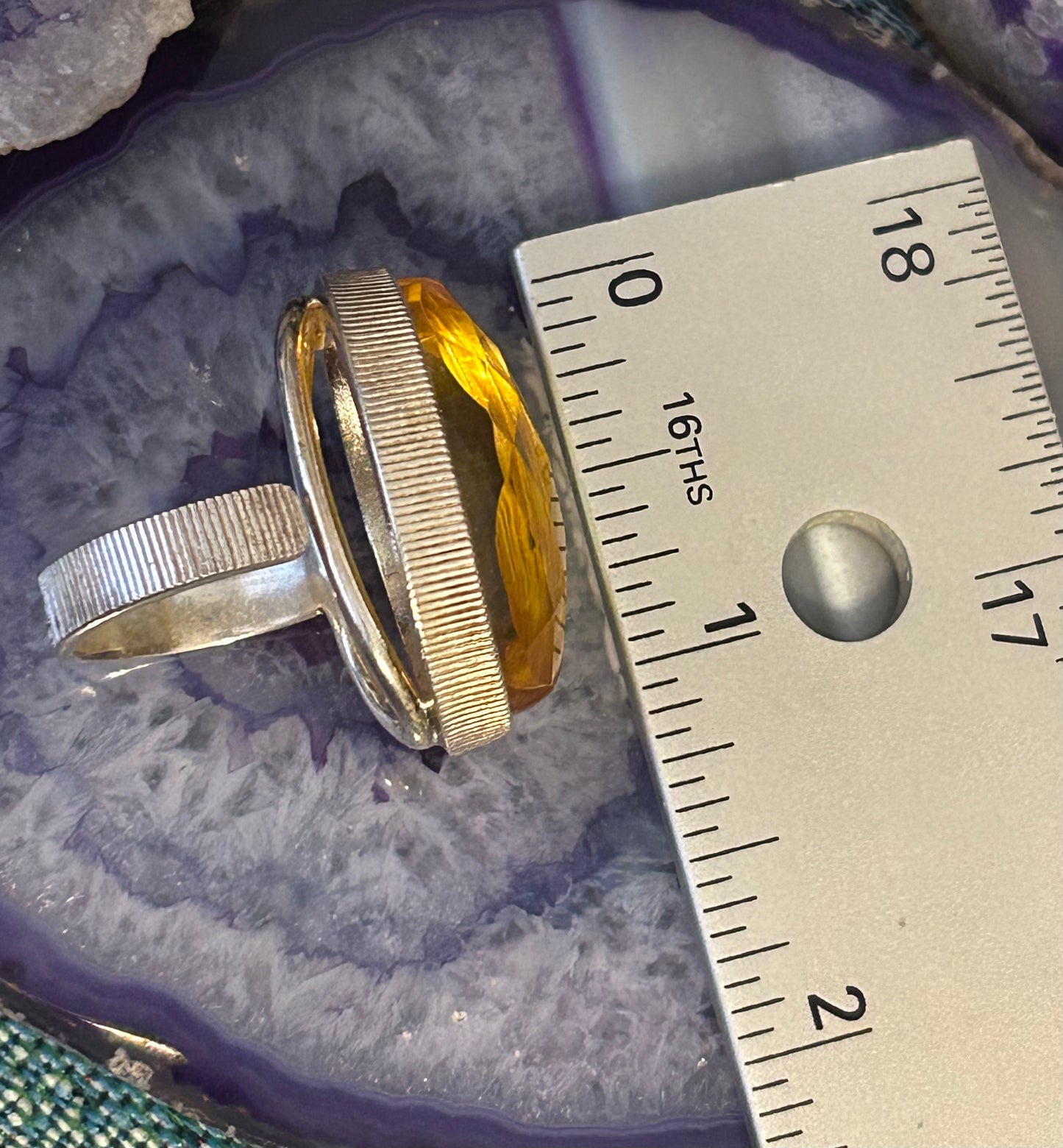 Sterling Silver Natural Citrine Faceted Amber Large Ring Adjustable