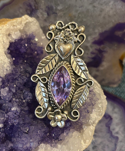 Sterling Silver Taxco Mexico Amethyst w/ Heart And Flower Adjustable Ring
