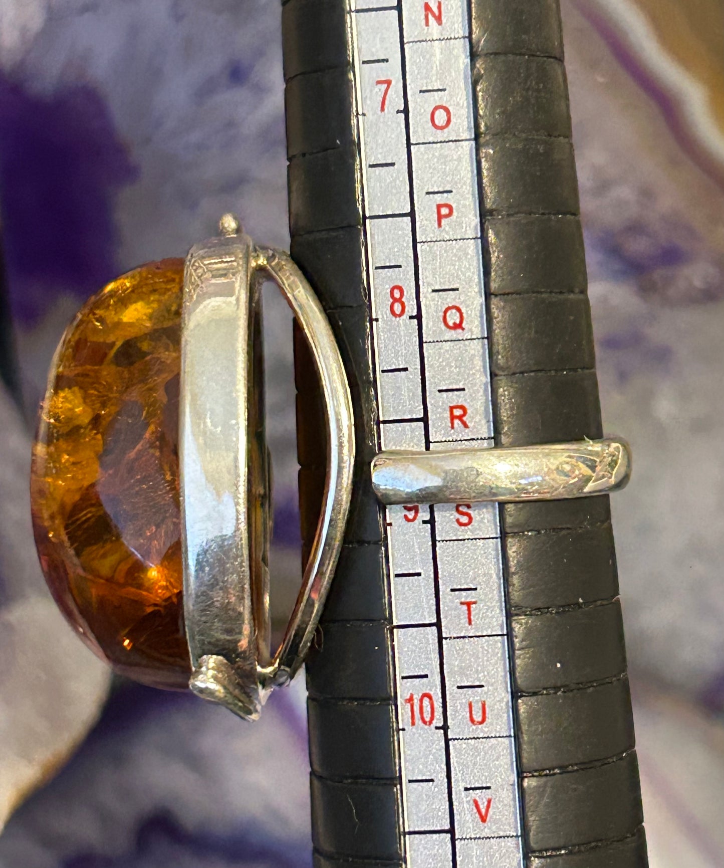 Sterling Silver w/ Large Natural Amber Stone & Turquoise Fly Ring Adjustable