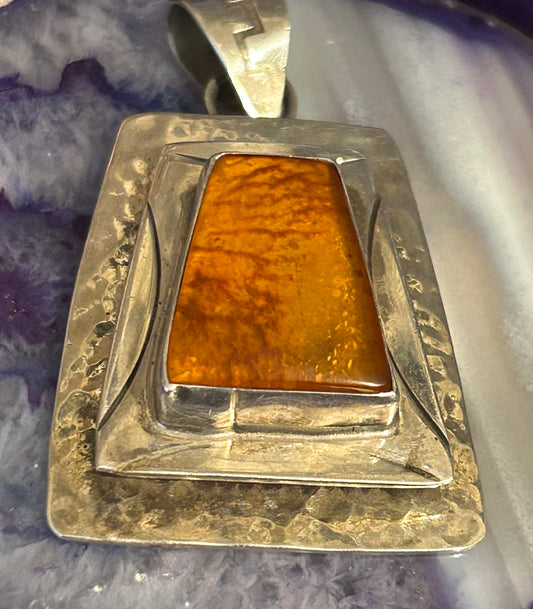 Sterling Silver Native American Baltic Amber Large Pendant Signed OO