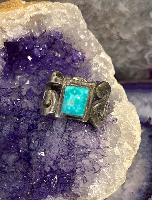 Sterling Silver Vintage Handmade Casted Square Turquoise Ring Size 5
