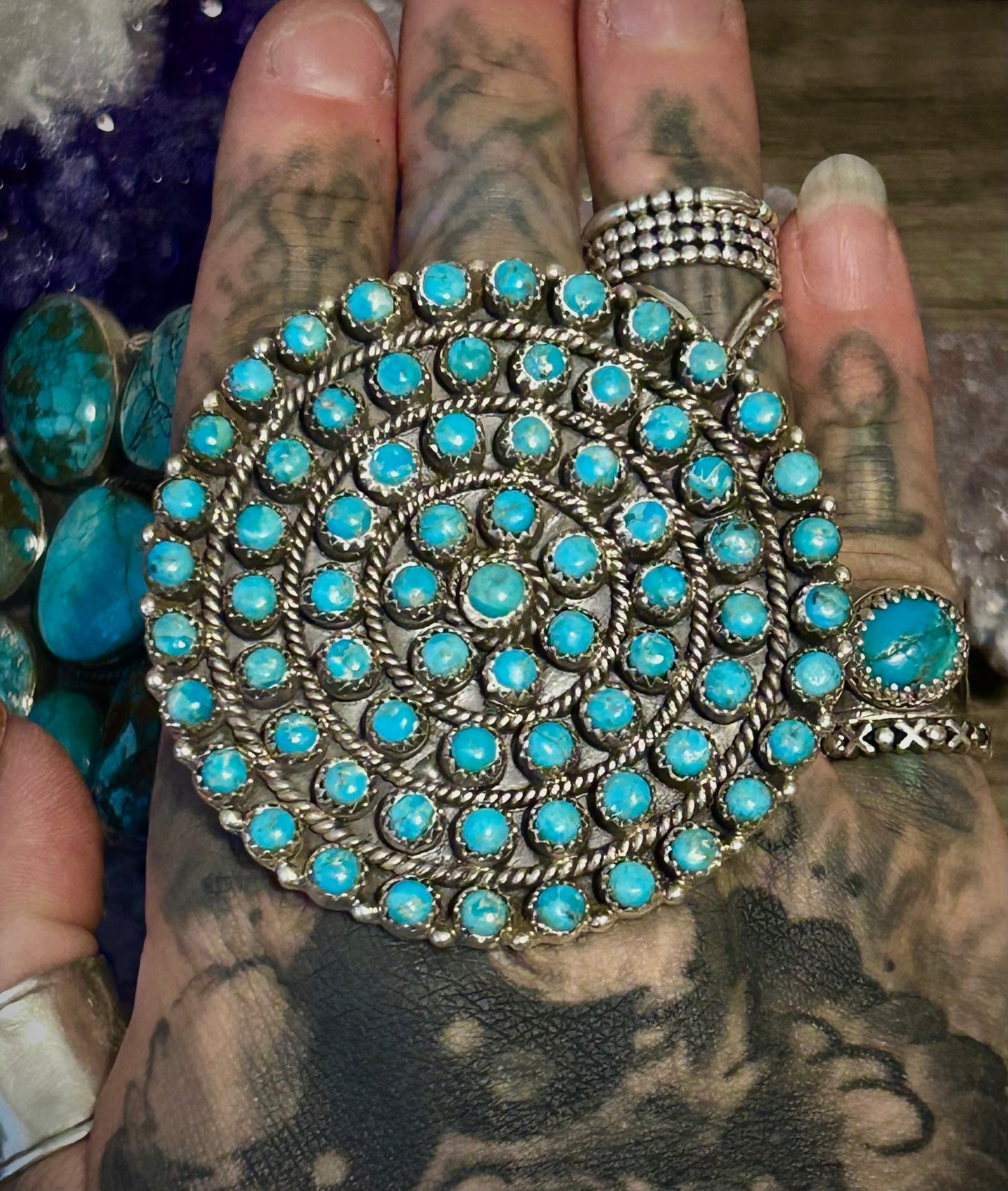 Sterling Silver & Multi-stone Turquoise Large Statement Adjustable Round Ring