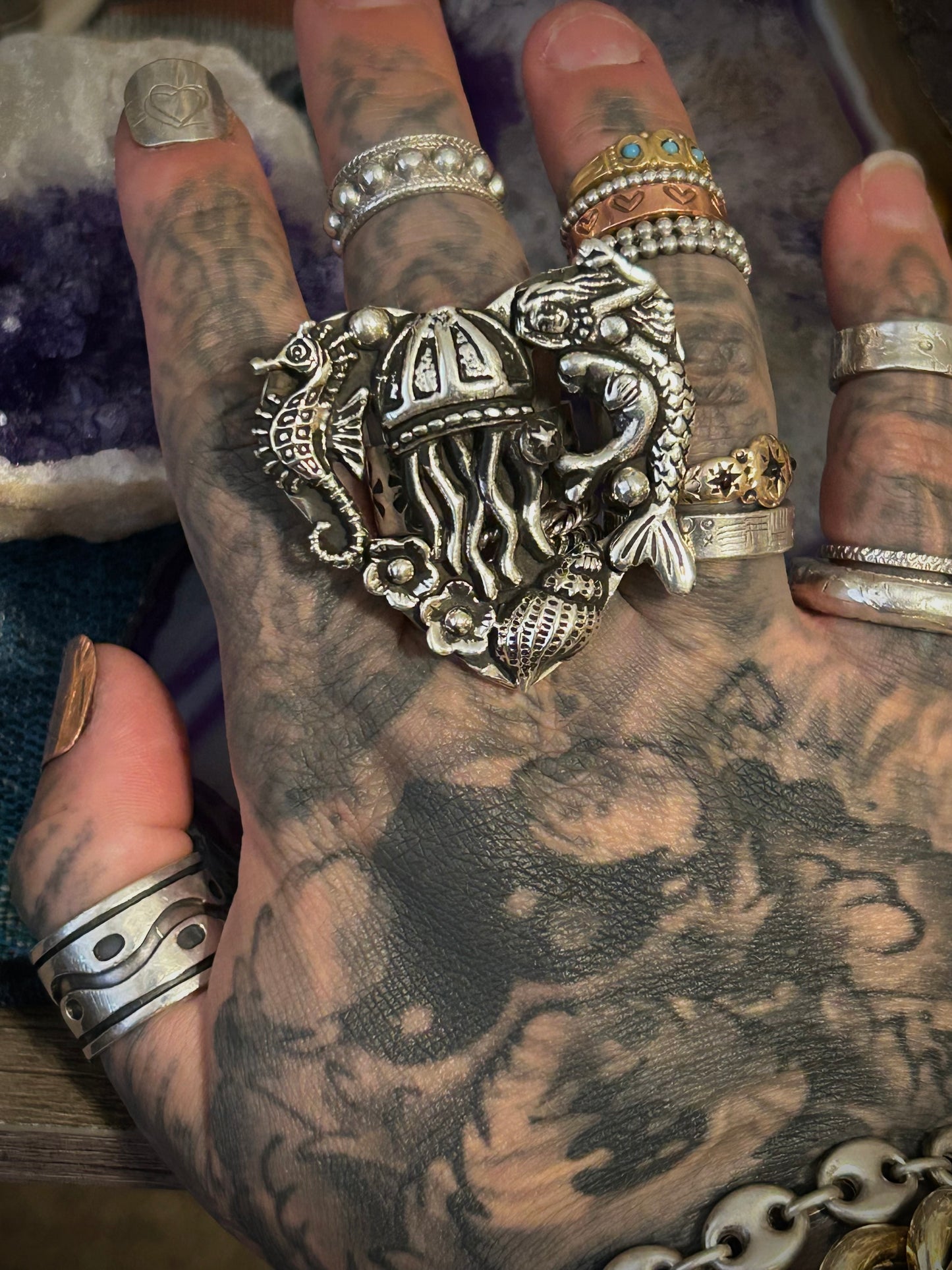 Sterling Silver Taxco Mexico Large Statement Ocean Theme Mermaid Jellyfish Ring • Adjustable