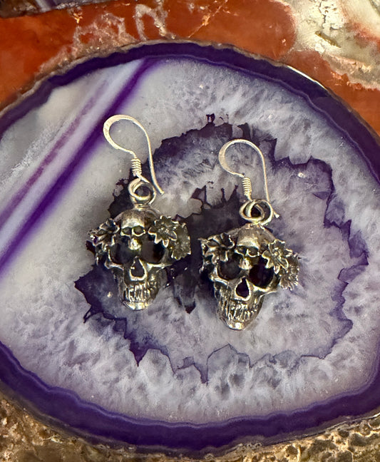 Sterling Silver Modern Taxco Mexico Skull W/ Flowers Dangle Earrings