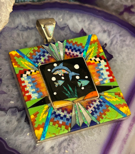 Sterling Silver Native American BT Micro Inlay Marine Scene Pendant