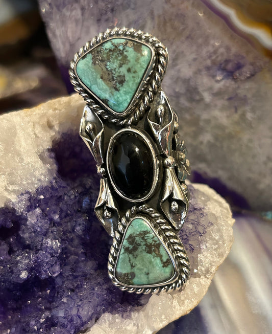 Sterling Silver Taxco Mexico 1of1 Turquoise And Black Onyx Statement Ring
