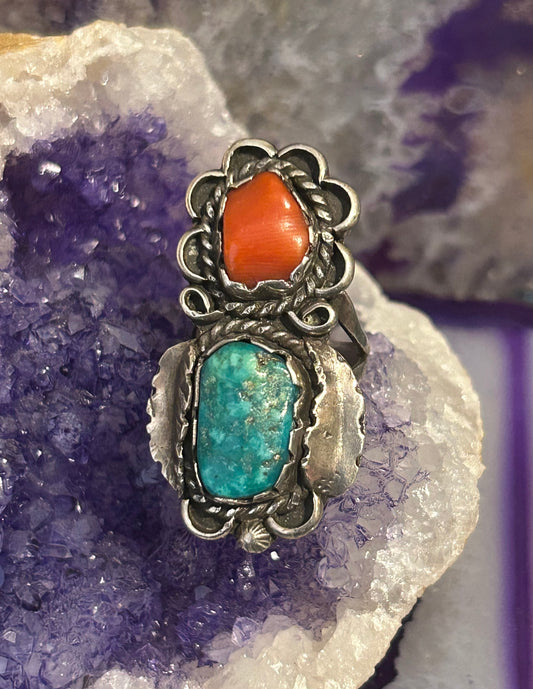 Vintage Sterling Silver cSc Turquoise & Coral Ring • Size 4