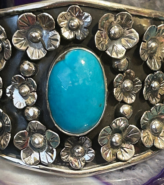 Sterling Silver Taxco Mexico Large Statement Flower Cuff W/ Natural Turquoise