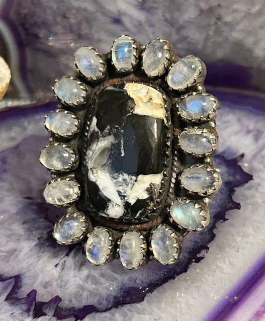 Sterling Silver White Buffalo & Moonstone Large Ring Size 6