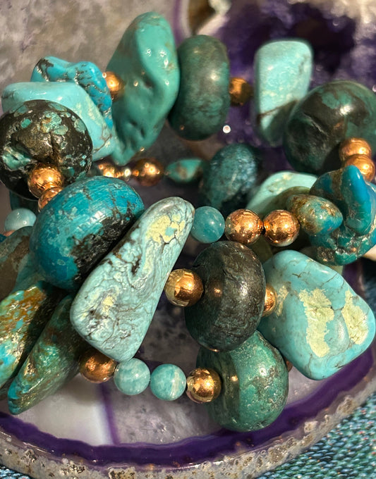 GUZ LOVE Handmade Chunky Turquoise & Copper Memory Wire Bracelet