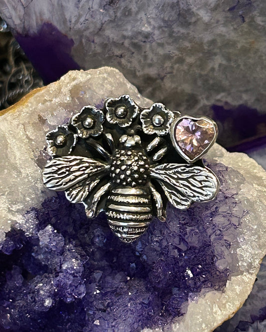 Sterling Silver Taxco Mexico Flower & Bee w/ Pink Zircon Heart Statement Ring