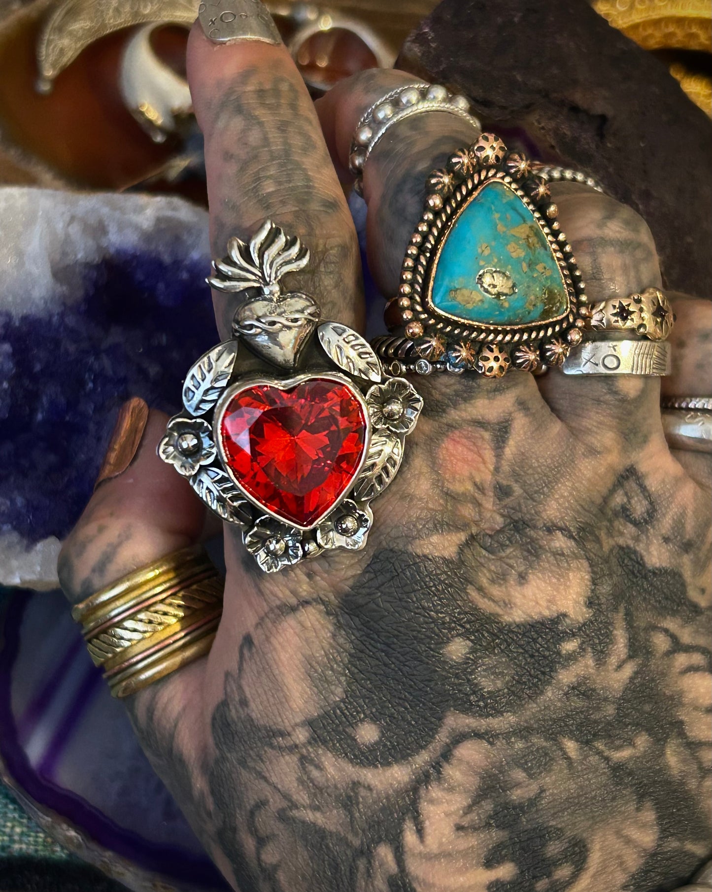 Taxco Mexico 950 Silver Red Zircon Sacred Heart & Flowers Ring Adjustable