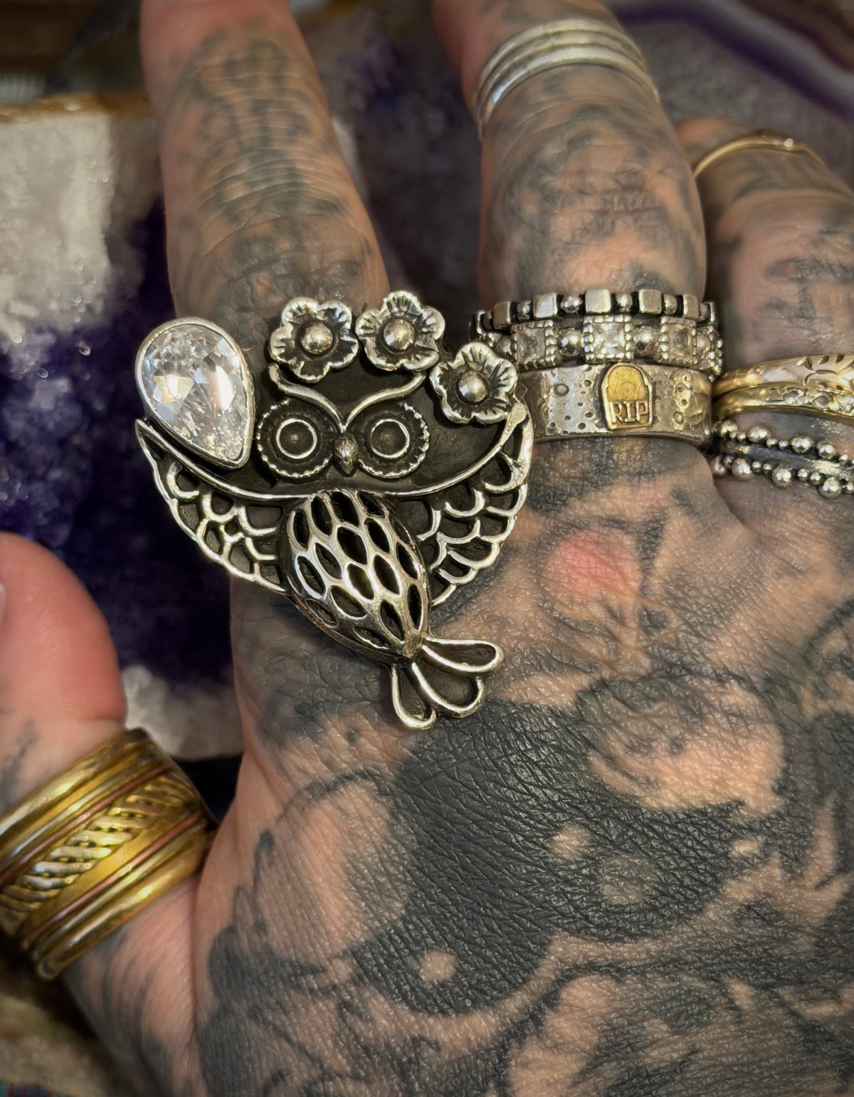 Sterling Silver Modern Taxco Mexico Owl Ring w/ Zircon Stone Ring