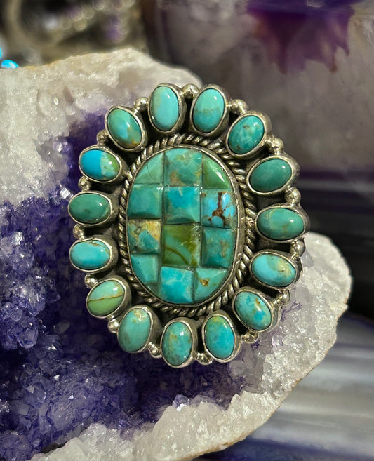 Sterling Silver Large Carved Mojave Turquoise Multi Stone Ring Adjustable