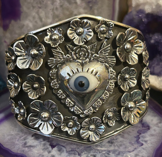 Sterling Silver Taxco Mexico Seeing Eye Heart W/ Rose & Birds Cuff Bracelet