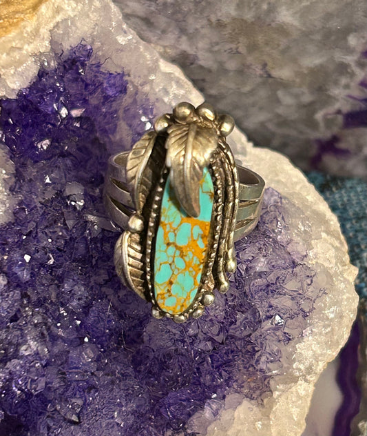 Vintage Sterling Silver 1996 Carol Felley Feather Leaf Turquoise Ring Size 9