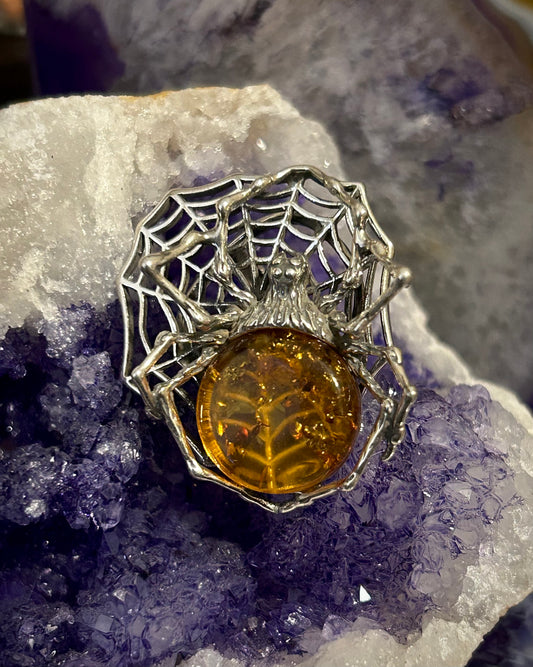 Sterling Silver Spider & Web Ring w/ Large Natural Amber Stone • Adjustable