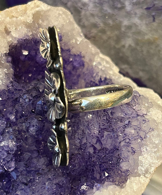 Sterling Silver Taxco Mexico Three Flower Long Ring • Adjustable