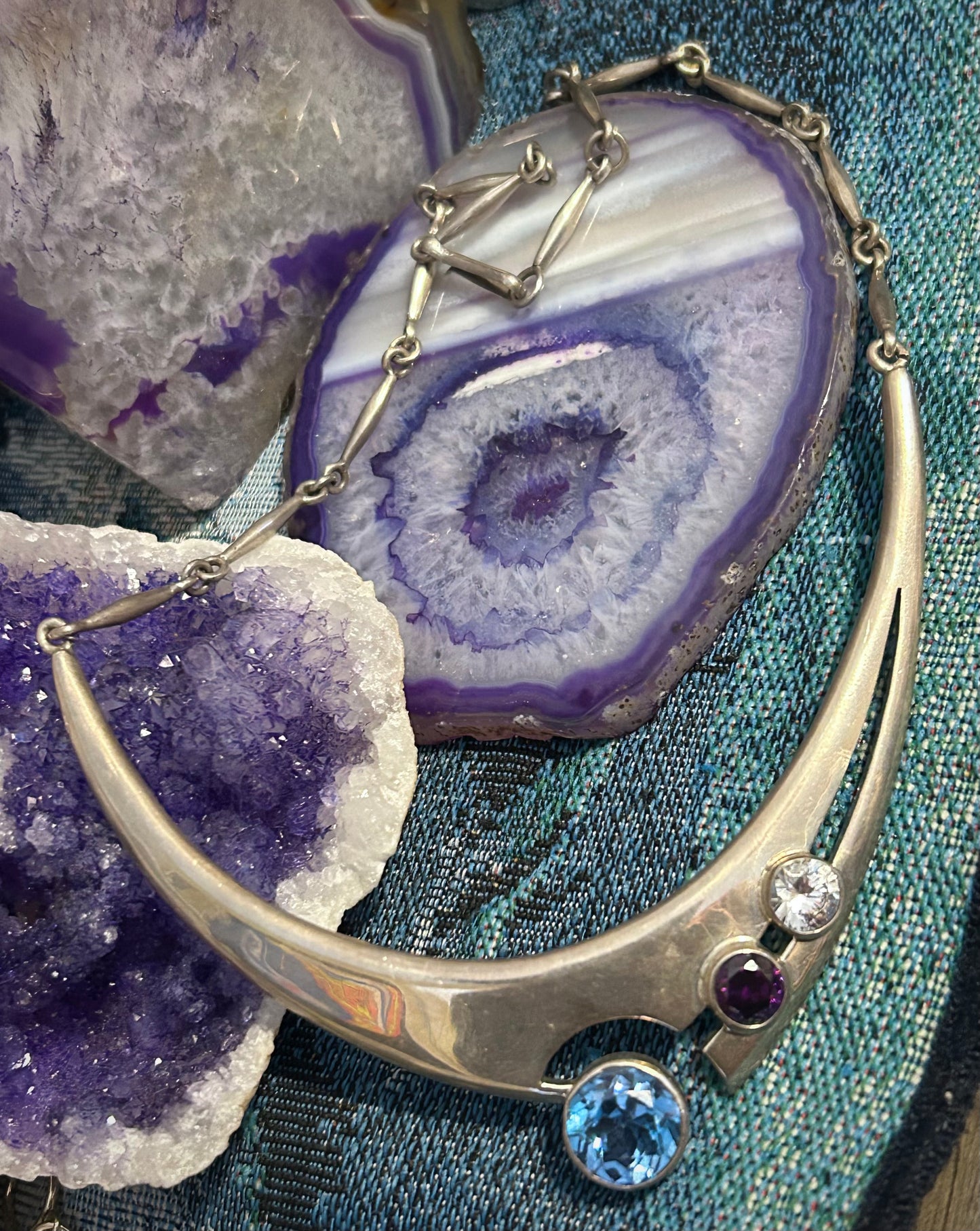 Vintage Sterling Silver 925 Mexico Unique Multi Gemstone Necklace