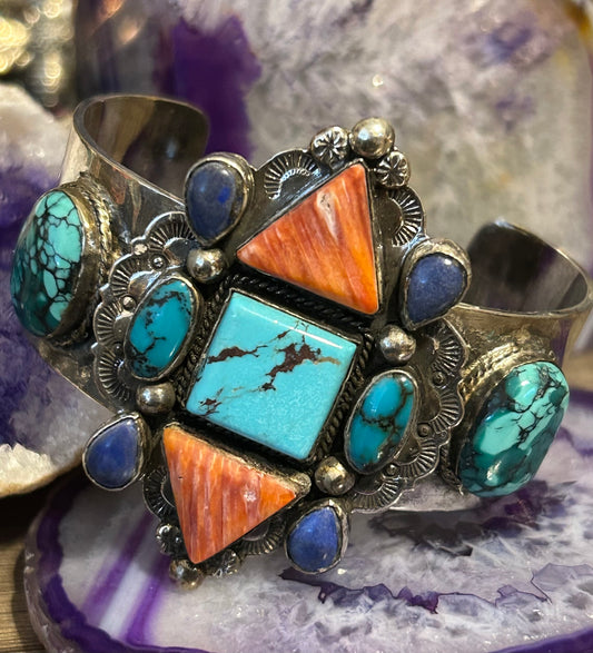 Sterling Silver Handmade Turquoise Spiny Oyster Multi-Stone Large Cuff Bracelet