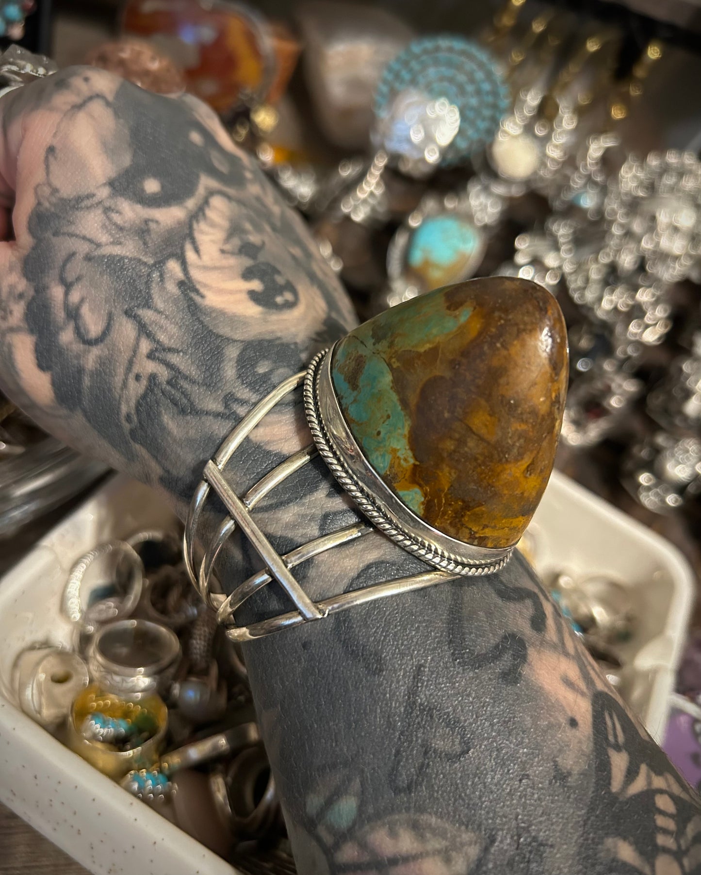 Sterling Silver 3D Horn Abstract Shape Natural Turquoise Cuff Bracelet