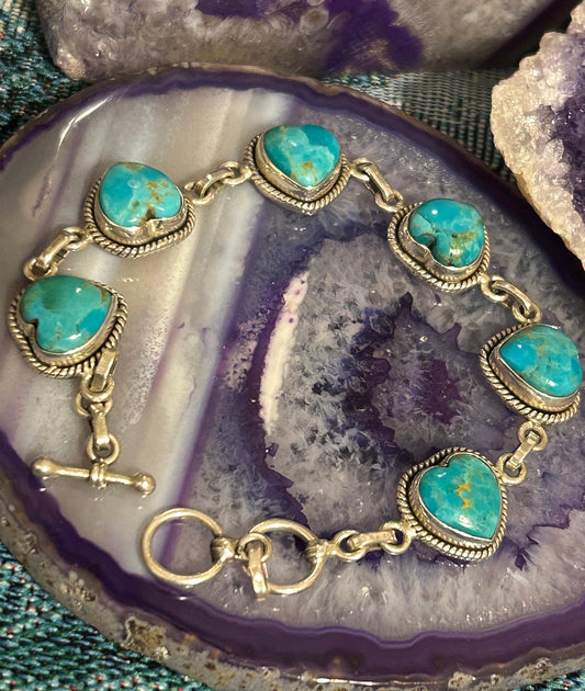 Sterling Silver & Turquoise Stone Heart Link Bracelet