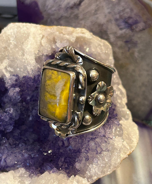 Sterling Silver Taxco Mexico Large Bumblebee Jasper & Flower Wide Ring Size 7-9