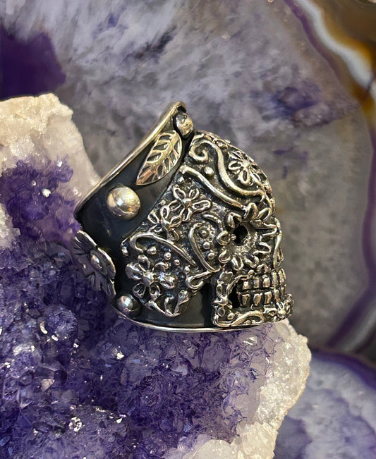 Taxco Mexico 950 Silver Sugar Skull & Flower Wide Band Ring Size 6-7.5