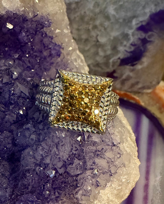 Sterling Silver 925 Genuine Orange Diamonds Ring w/ Rope Detailing Size 6