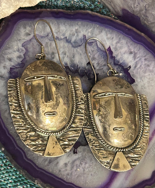 Vintage Estate Sterling Silver Tribal Mask Face Dangle Earrings