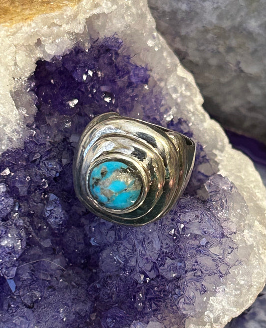 Vintage Sterling Silver Turquoise Modernist Shaped Chunky Ring Size 6.5