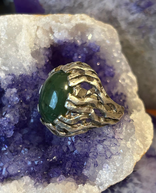 Vintage Sterling Silver Natural Green Jade? Stone Brutalist Abstract Ring Size 7