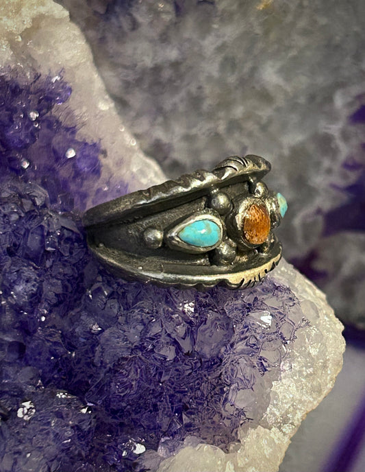 Vintage Sterling Silver Handmade Turquoise And Coral Chunky Band Ring Size 9