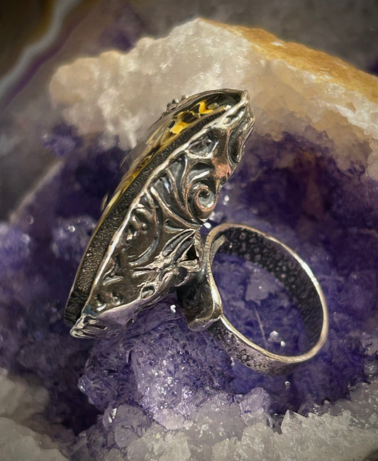 Sterling Silver Designer Carved Baltic Amber Sunflower Statement Ring Adjustable