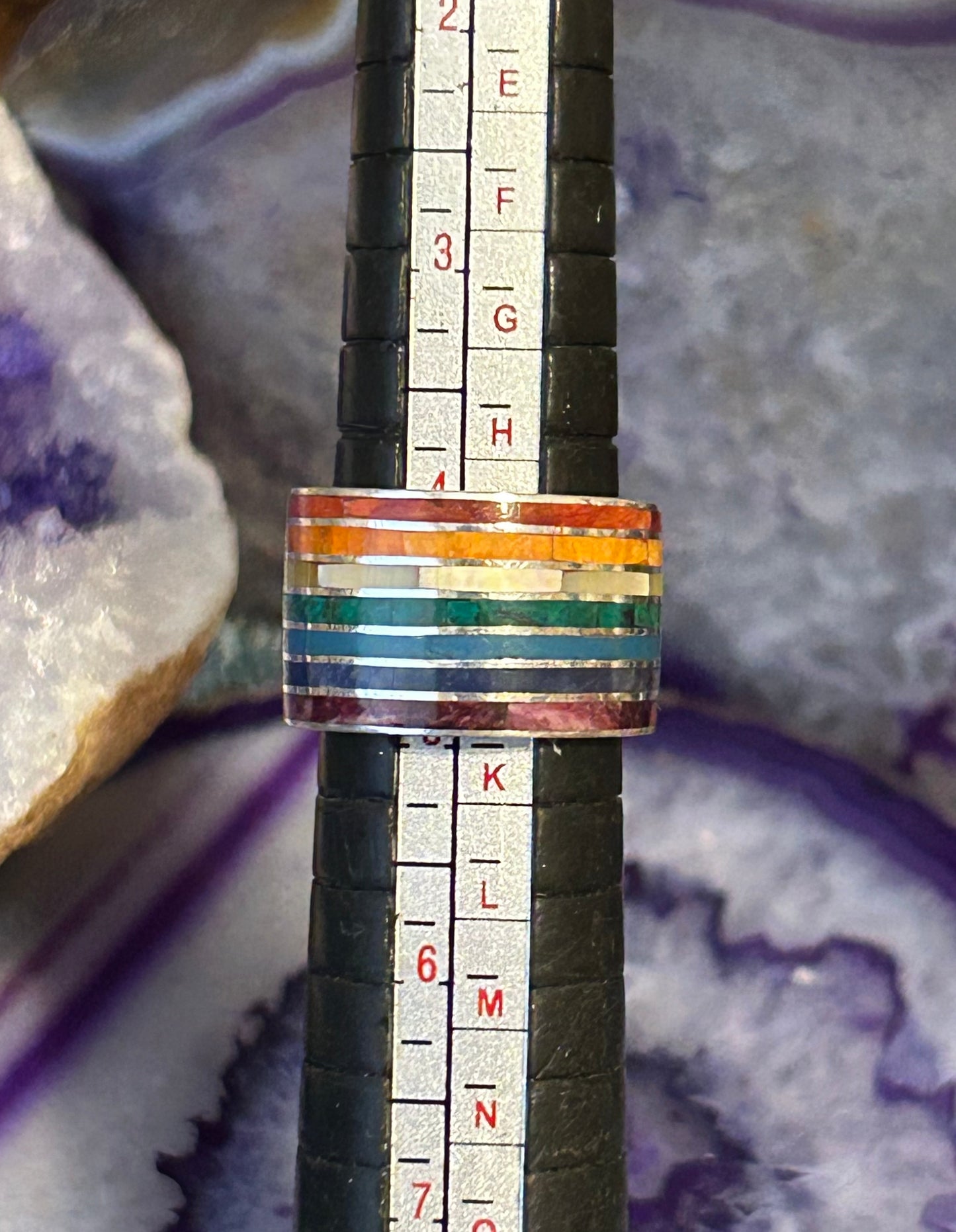 Sterling Silver Rainbow Color Stone Inlay Thick Wide Band Ring Size 4