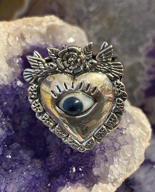 950 Silver Taxco Mexico Seeing Eye Heart W/ Rose And Birds Size 8-10