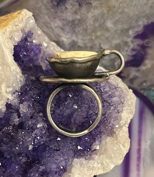 Sterling Silver And Butterscotch Amber Coffee Tea Cup Adjustable Ring