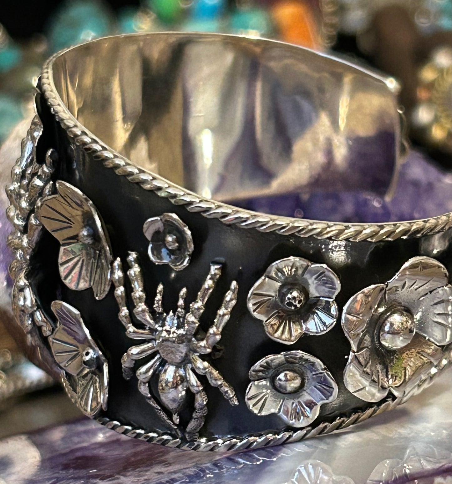 Sterling Silver Taxco Mexico Spider & Flower Cuff Bracelet