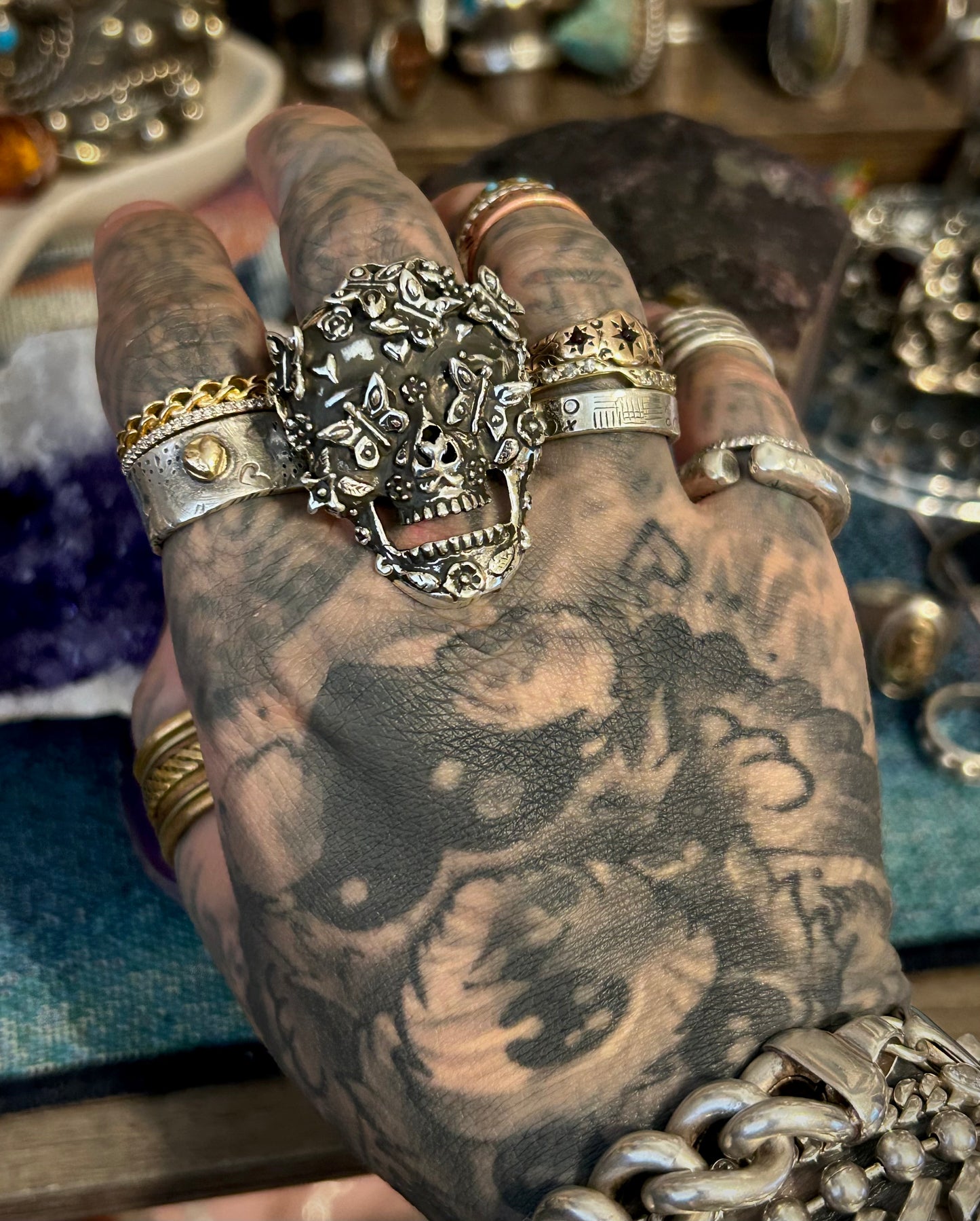 Sterling Silver Modern Taxco Mexico Dia De Los Muertos Skull W/ Butterflies Ring