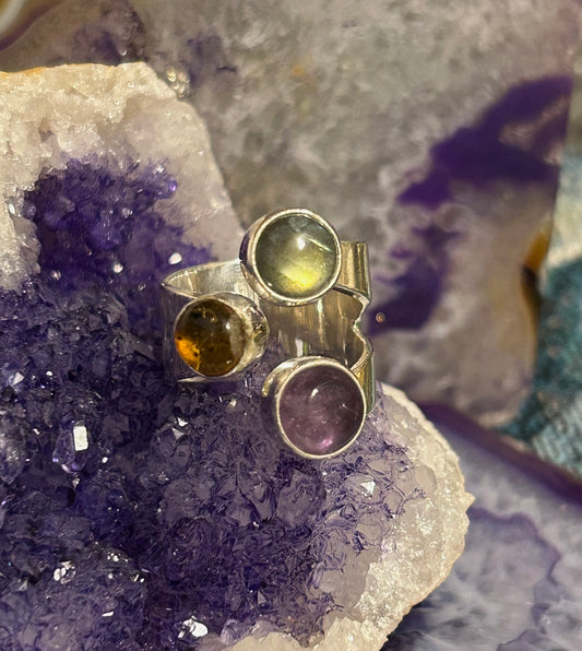 Sterling Silver Made In Taxco Mexico Bypass Ring w/ Amber, Amethyst, and labradorite stones • Size 7-8
