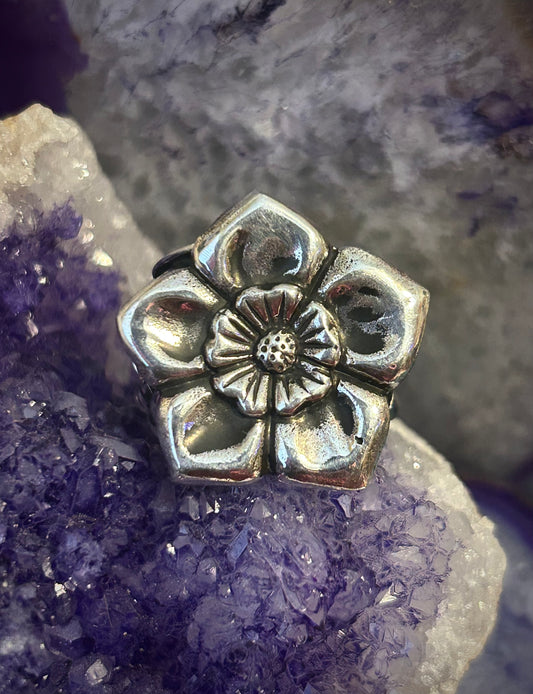 Sterling Silver Taxco Mexico Large Flower And Leaf Ring Size 7.25-9