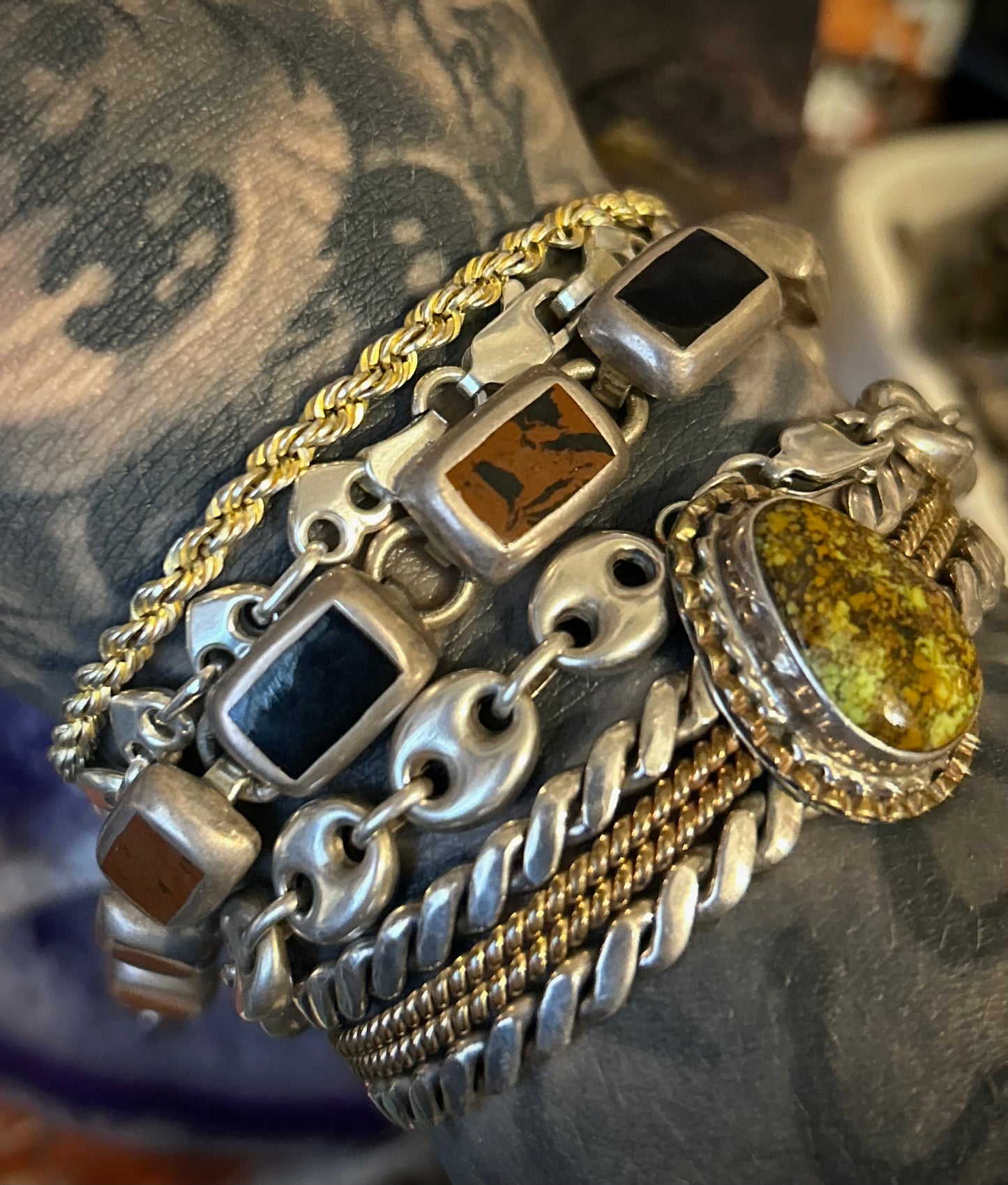 Vintage Sterling Silver Taxco Mexico Jasper, Onyx Inlay Chunky Link Bracelet