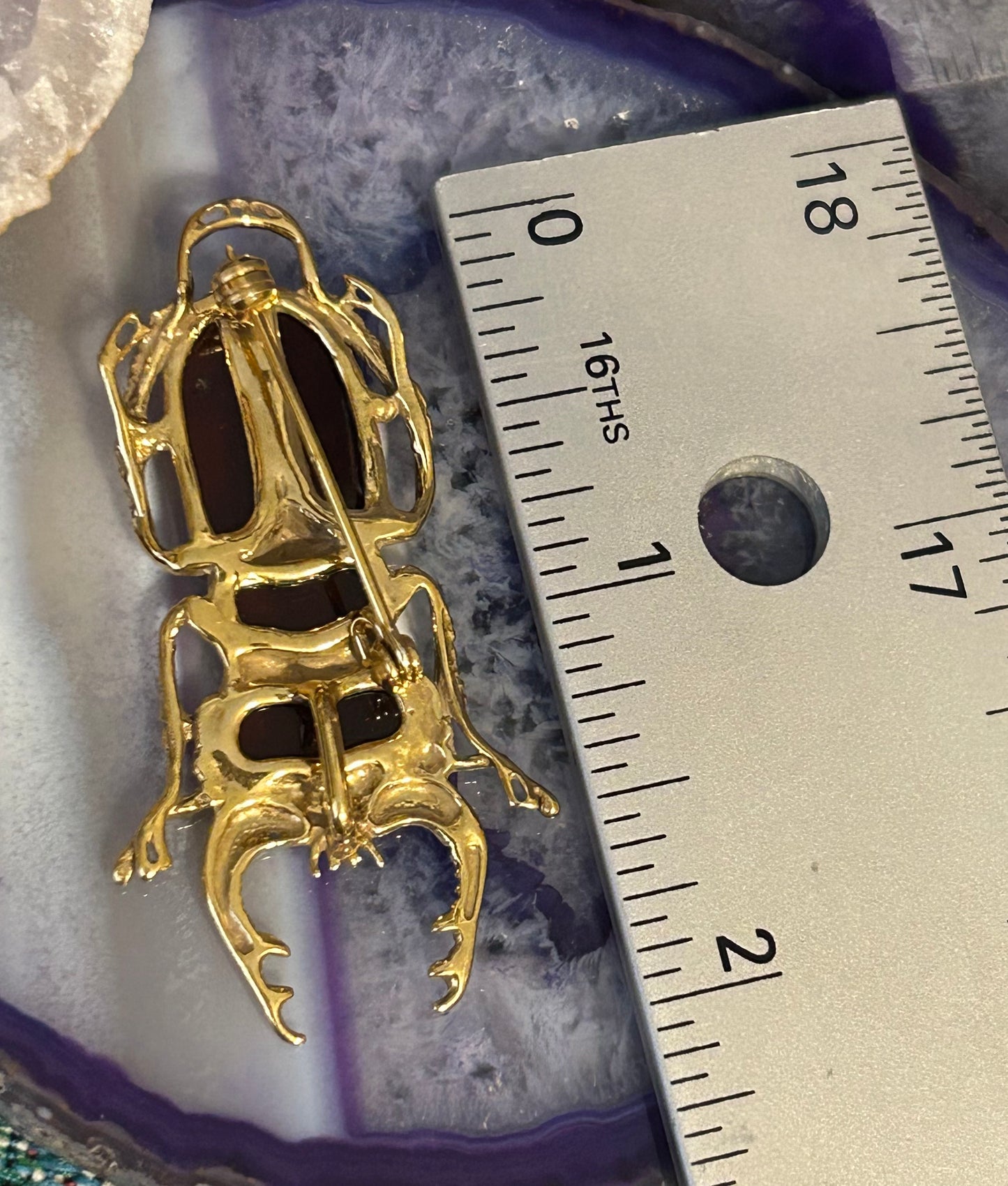 14k Gold Over Sterling Silver & Baltic Cherry Amber Stag Beetle Pendant Pin